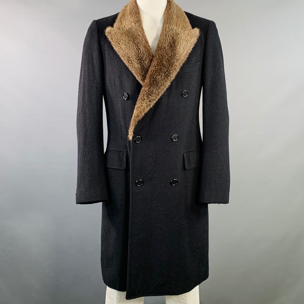 Vintage Size L Black Taupe Wool Fur Peak Lapel Double Breasted Coat